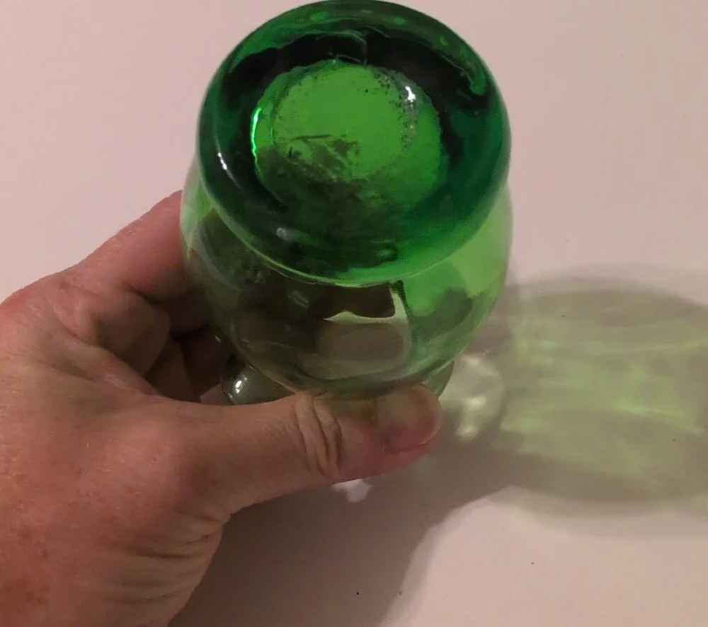 Green Pilgrim Glass Ruffled Rim Pitcher with Clear Handle